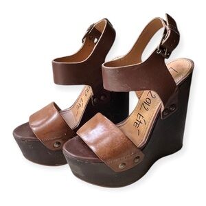 RARE Lanvin 2012 Éte Wood and Two-Tone Leather Wedge Sandal, sz EU 35